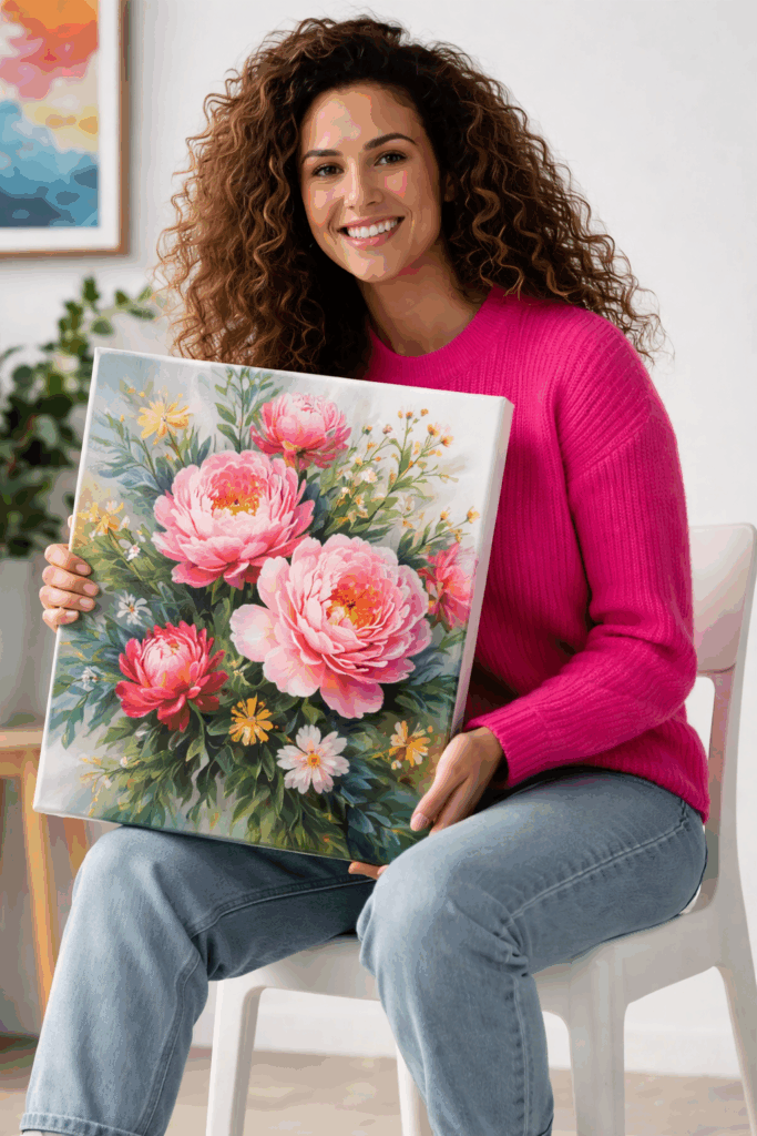 printjoe a customer holding her canvas